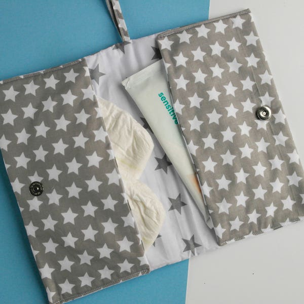 New baby boy gift - New baby present - Nappy wallet - Baby shower gift - Grey baby gift - Stars -