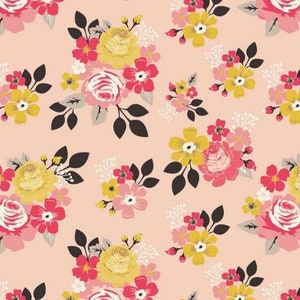 May include: A seamless pattern featuring pink, yellow and white flowers with black leaves on a light pink background.