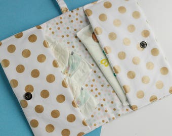 Unisex baby gift - Nappy bag - gift for a girl - Travel wallet -  polka dot gift - gold polka dot - Travel wallet