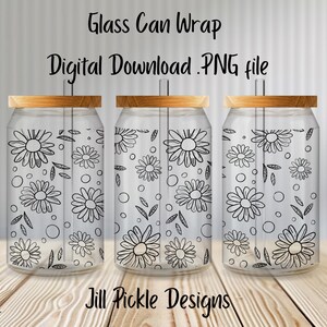 May include: Three clear glass can wraps with a black and white daisy pattern. The wraps are designed to fit around a standard-sized can. The text "Glass Can Wrap" and "Digital Download .PNG file" is visible at the top of the image.