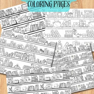 Whimsical Bookcase Coloring Pages Bundle, Printable Adult Coloring Pages, Cozy Bookshelf Coloring, Lifetime Access Procreate coloring page