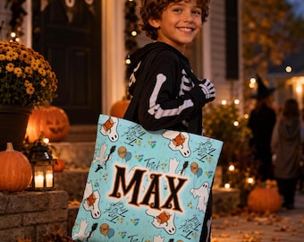 Bolsa personalizada para pedir dulces, bolsa de Halloween con nombre personalizado, bolsa colorida de fantasmas para dulces para niños