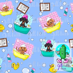 Clean Ween Dachshund Bubble Bath Bezszwowy wzór Rysowane ręcznie PNG do pobrania Cyfrowy papier sublimacja tkanina powierzchnia projekt Weenie Dogs Pupies