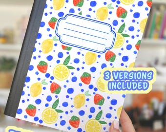 Portada de cuaderno con lunares, limón y fresa PNG: Manualidades para la vuelta al cole (Descarga digital, 17,5 x 25,4 cm)