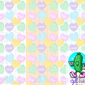 May include: A repeating pattern of pastel-coloured candy hearts with the words "LOVER" and "XOXO" on them. The hearts are in shades of pink, blue, yellow, and green. A cartoon pickle character with a smiling face is on the right side of the image.