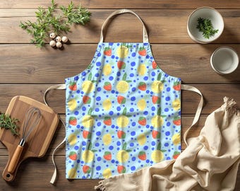 Personalized Fruit Print Apron Custom Name Apron for Baking Cooking & Gardening 3 Strap Colors Gift for Gardeners, Bakers and Chefs