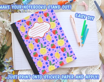 Portada de cuaderno con lunares, limón y fresa PNG: Manualidades para la vuelta al cole (Descarga digital, 17,5 x 25,4 cm)
