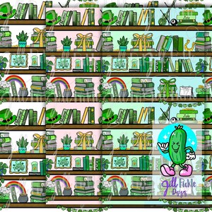 May include: A repeating pattern featuring shelves filled with books, leprechaun hats, pots of gold, rainbows, and shamrocks. The design incorporates shades of green, brown, and white, with the text "Blessings" on some items. A cartoon pickle character is also present.