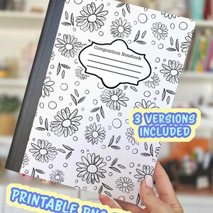 Może przedstawiać: Notatnik kompozycyjny z czarnym grzbietem i białą okładką z wzorem stokrotek. Okładka zawiera etykietę z napisem "Composition Notebook". Obraz zawiera również tekst "Instant Download", "3 Versions Included" i "Printable PNG File".