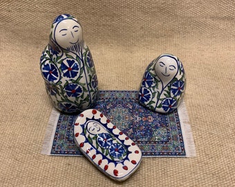 Hand made Nativity set with blue carnations pattern