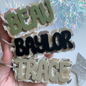 Camo Print Acrylic Name Keychain: Custom Boy Bag Tag image 1