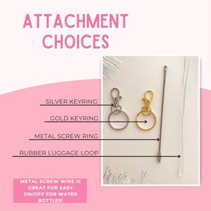 May include: Attachment choices for keychains including a silver keyring, a gold keyring, a metal screw ring, and a clear rubber luggage loop. The text labels identify each item, and a note states the metal screw wire is for water bottles.