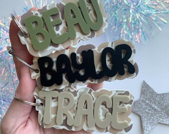 Camo Print Acrylic Name Keychain: Custom Boy Bag Tag