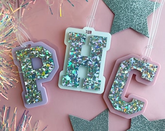 Glitter Varsity Letter Keychain: Custom Acrylic Bag Tag