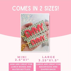 May include: Two rectangular keychains with scalloped edges featuring a green and white gingham pattern. Each keychain has the name EMMY in raised pink letters. The text states COMES IN 2 SIZES, MINI 2.5 inches by 1 inch, and LARGE 3.25 inches by 1.5 inches.