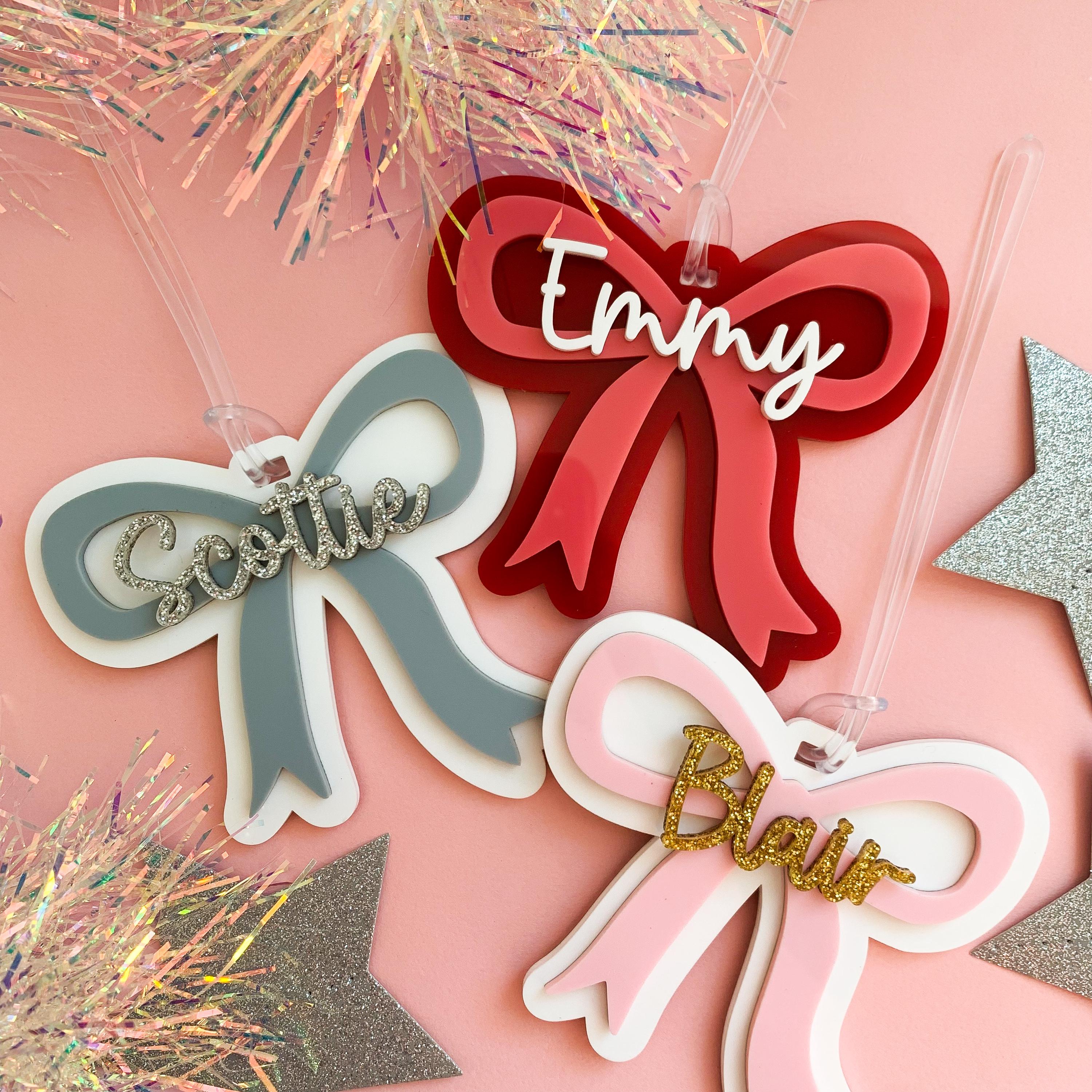 Coquette Bow Name Bag Tag: Personalized Acrylic Girl Stocking Tag