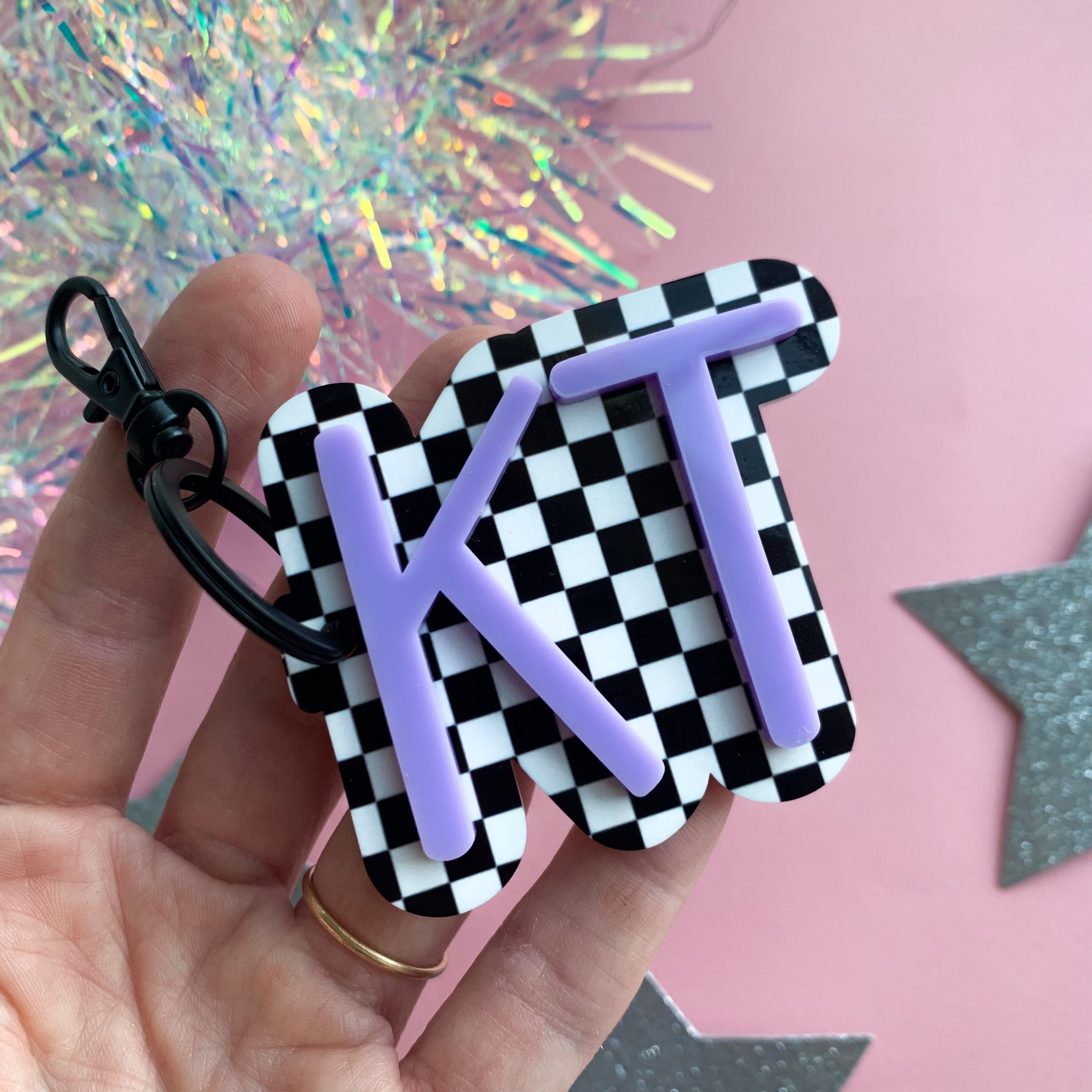 Initial Checkered Keychain Neutral Checkered Acrylic Name Keychain Bag Tag Custom Name Tag