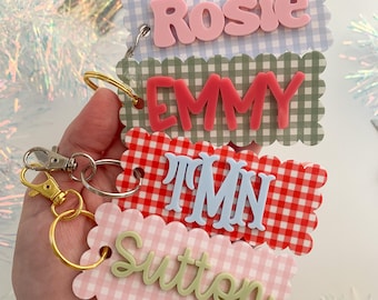 Gingham Acrylic Name Keychain: Custom Name Bag Tag