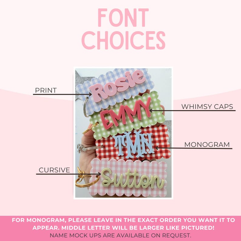 May include: Four rectangular scalloped keychains with gingham patterns in blue, green, red, and pink. Each features raised lettering in different styles labeled as PRINT, WHIMSY CAPS, MONOGRAM, and CURSIVE, with names Rosie, EMMY, TMN, and Sutton.