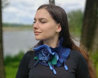 Navy blue ruffle scarf for women. Handmade wavy collar with flower.  Fashion neck ruff