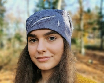 Grey slouchy beanie for women, standout lighter grey cuttings, winter hat for woman