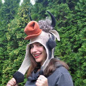Whimsical Costume Hat: Handcrafted Cow, Wet Felted Cap Made from Merino Wool, adult Halloween costume