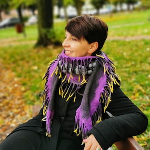 Violet/plum winter scarf, fringed edges, woman felted shawl, fall merino wool wrap