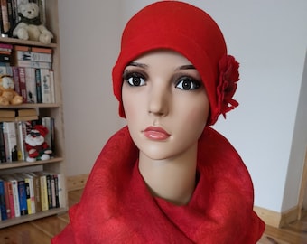 Handmade Felted Red SET ruffle scarf and cloche Hat with FLOWERS, nuno and wet felted from quality merino wool