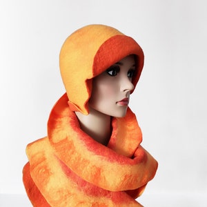 Double Sided Ruffle SCARF and Hat, felted set shawl and cloche, orange set