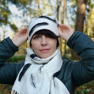 Winter hat scarf set, zebra pattern shawl and beanie, white and black felted wrap and cap