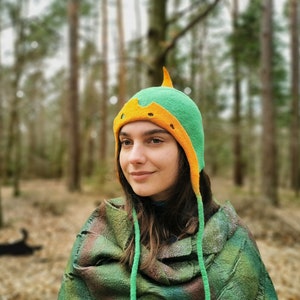 Wet Felted Fairy Wool Hat- Felt Natural Fantasy Costume-Woodland Fairy Accessories Green and Orange Cap