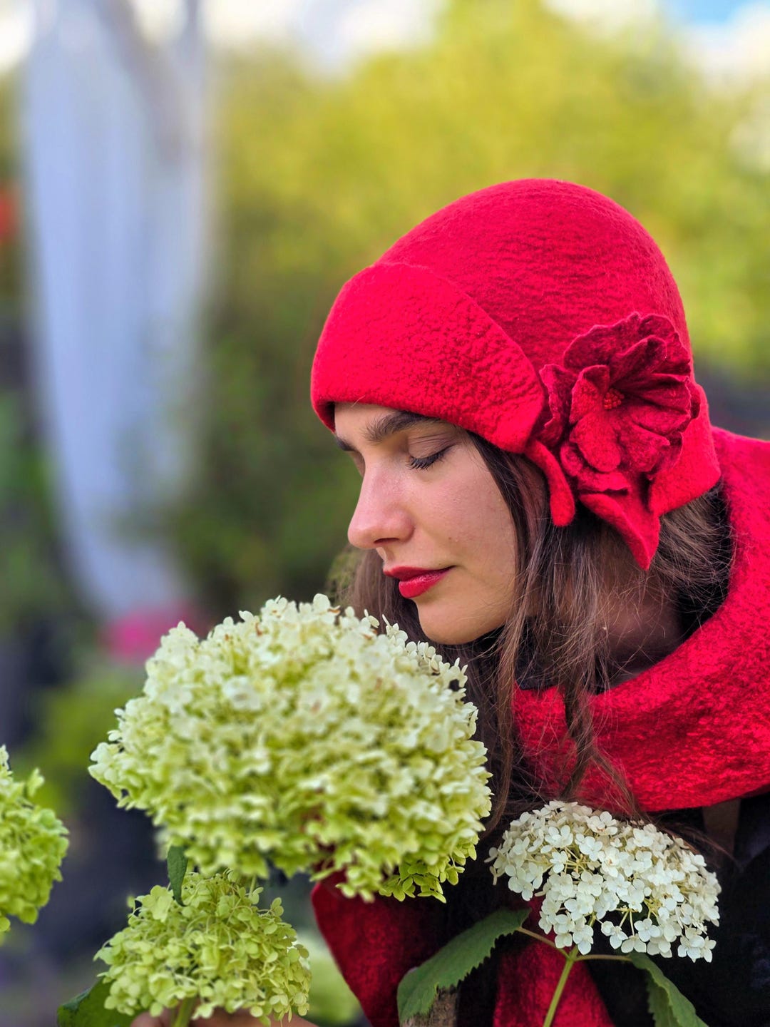 Hat Ruffles Red Red SET Ruffle Scarf and Cloche Hat With FLOWERS. Gatsby Style Hat and ...