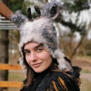 Cosplay animal hat, winter beanie, Halloween costume accessory, merino wool and locks hat with ear flaps, unique headpiece.