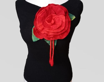 Big red rose brooch, flower pin, wool jewellery