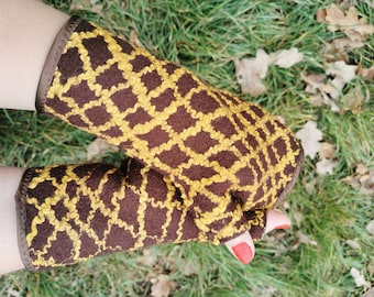 Brown and golden diagonal Striped Mittens. Fingerless gloves handcrafted from merino wool. Hand warmers perfect for chilly weather