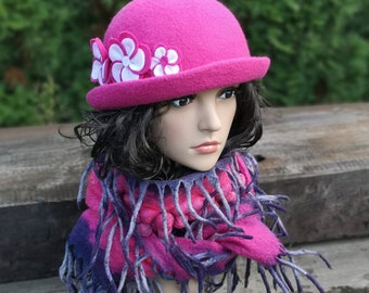 Pink bowler hat with flowers, merino wool roll brim hat, perfect gift for her