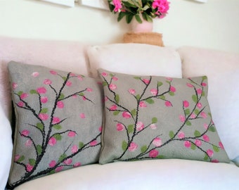 The Set of 2 Wet Felted Cushion Covers, grey cherry blossom pillow cases, fibre art cushions, eco home decor.