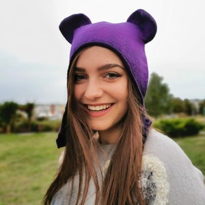 Cat ear beanie. Handcrafted Purple Beanie with Ears. Wet felted merino wool hat. Winter hat for her. Women gift idea