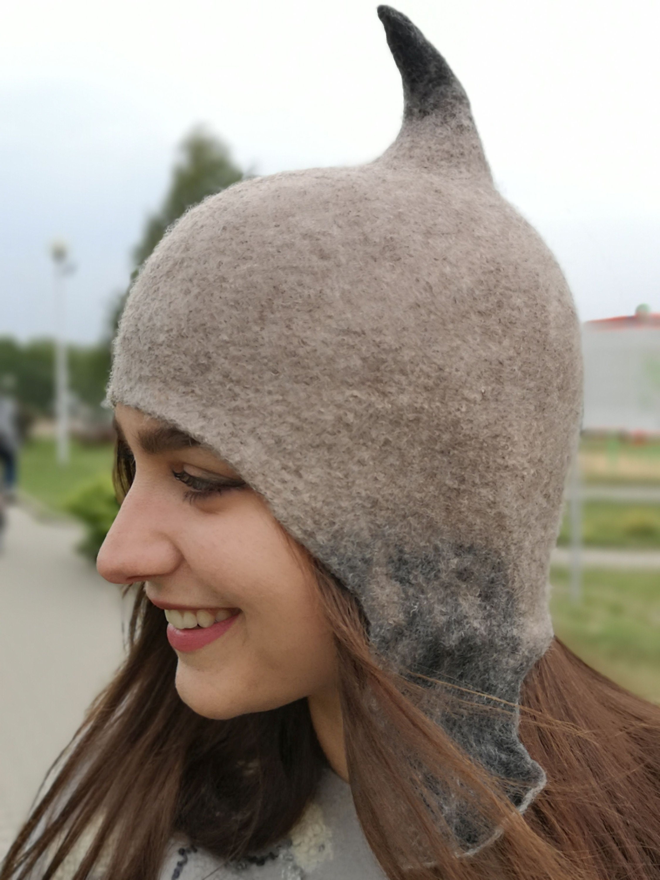 Horn Wool Beanie With Ears OOAK Unisex Felted Hat With Ears Etsy Ireland