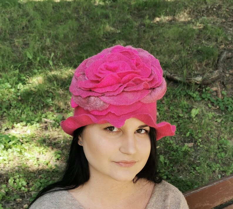 Pink Hat With Flowers Soft Merino Wool Cloche Hat Wet Felted Etsy