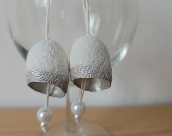 Wedding White and Silver Silk cocoon earrings, dangling silkworm cocoon earrings, gift for her