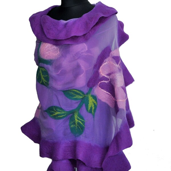 Lavender Silk Shawl, Purple Summer Wrap, large boho felted shawl, woman cape