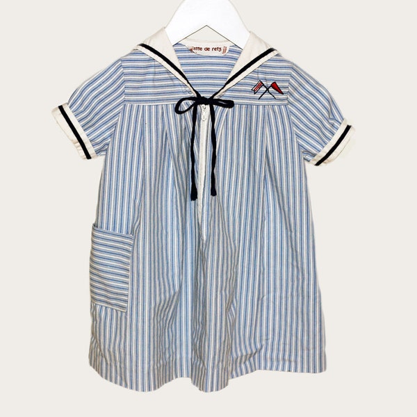 1980's French vintage navy baby dress, blue and white stripes with white collar, size: 18 months