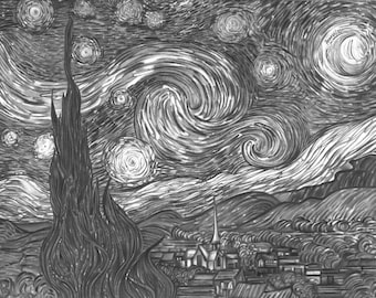 Nuit étoilée Vincent van Gogh Paysage au crayon Dessin au crayon Dessin d'après photo Dessin noir et blanc Peinture Lune Étoiles Cyprès