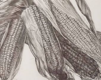 Corn Cobs Still life Pencil drawing from black and white photos Hyper-realistic drawing Gift for Grandparents' Day and all occasions