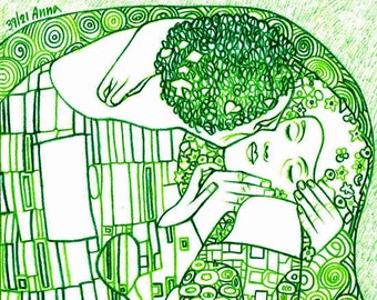 Green drawing Klimt The Kiss Personalized drawing in colored pencils Commissioned portrait Copy of famous painting Personalized label