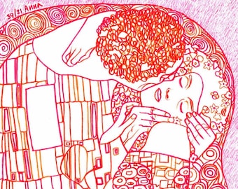 Dessin rouge de Klimt Le baiser Dessin personnalisé aux crayons de couleur Portrait sur commande Copie d'un tableau célèbre Etiquette personnalisée