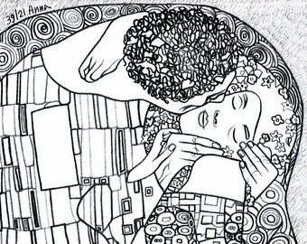 Gray drawing Klimt The Kiss Personalized drawing in colored pencils Commissioned portrait Copy of famous painting Personalized label