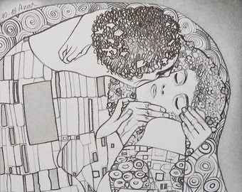 Klimt "The Kiss" Copy Famous Painting Graphic Art Drawing Pencil Drawing from Photos Valentine's Day Gift Love Drawing Portrait