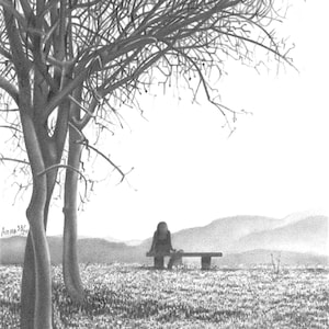 Paesaggio Disegno da foto Albero Rami Radici Prato Erba Ritratto in bianco e nero Ritratto personalizzato Copia dal vero Paesaggio naturale.